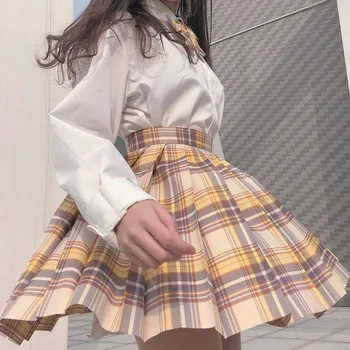 Letní Ženy Sukně 2021 Nové Korejské Vysokým Pasem Plaid Mini Sukně Ženy Školačky Sexy, Roztomilý Skládaný Sukně Vysokým Pasem Sukně