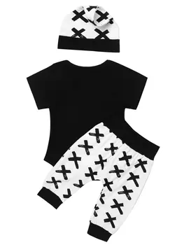Letní Nové Černé Kojenecké Děti Baby Romper Oblečení Krátký Rukáv Oblečení Hezký Dopis Print Top T Košile Kalhoty Klobouk 3 Dílná Sada