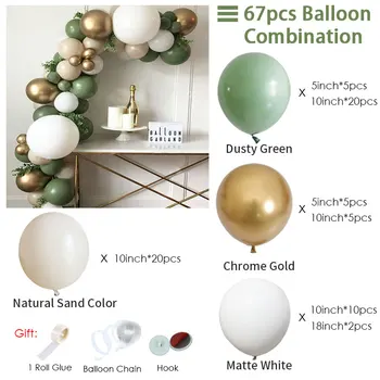 67pcs Zaprášený Zelený Matný Bílý Balón Věnec Přírodní Písek Chrome Zlato Výročí Miminko Pohlaví Odhalit Narozeninové Party Kit
