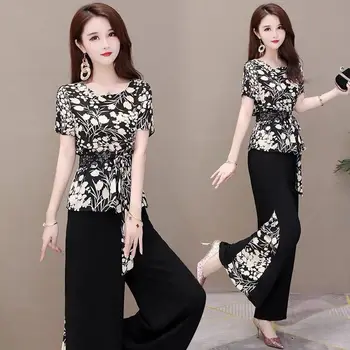 Letní Oblečení 2021 korejský Módní Květinové Ženy Oblečení dvoudílný Set O-neck Krátký Rukáv + Vysokým Pasem Široký nohou Kalhoty Obleky Y769