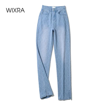 Wixra Dámské 2021 Nové Streetwear Tlačítko Zip Plné Délce Otvoru Kalhoty Dámské Volné Rovné Kapsy Rozdělené Ležérní Široké Nohy Džíny