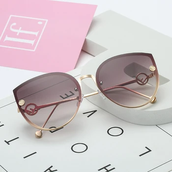 Cat Eye sluneční Brýle, Ženy 2021 Kovové Luxusní Značky Návrhář Lady Party bez Obrouček Vintage Gradient Sluneční Brýle Pro Ženy, UV400