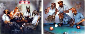 Stěna Dekor Obrázek Psů Hrajících Bazén Dan A Psi Hrající Poker Karty, Dvě Sady Legrační Zvíře, Umění Tisku, Plakát