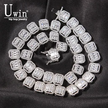 Uwin 13mm Bageta Řetězce Zpevněné Bling Růžové Náměstí CZ Ledový, Odkaz Řetěz náhrdelník Náhrdelník Hiphop Šperky Pro Dárek