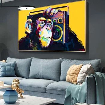 AAHH Velké Velikosti Malířské Plátno Wall Art Plakát Moderní Zvířecí Obraz Umění Zdi Monkey Poslech Hudby pro Obývací Pokoj