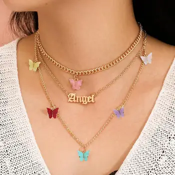 Náhrdelník Boho Multi-vrstva Zlatý Řetěz Barevné Pryskyřice Butterfly ANGEL Dopis náhrdelník Náhrdelník pro Ženy, Dívka bijoux femme