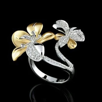 2020 Módní Zlaté Barvě Dvojitá Barevná Květina Zásnubní Prsten Micro Vydláždit Crystal Snubní Prsteny Pro Ženy Strana Šperky Velkoobchod
