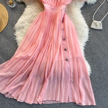 Krátký Rukáv Sexy 2021 Vintage Šaty-Line Boho Elegantní Krajky Šifon Letní Šaty pro Ženy Párty Plná Růžová Pláž Vestidos