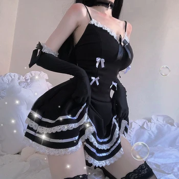 2021 Sexy Žena, spodní Prádlo Služka Cosplay Kostýmy Roztomilé Černé Šaty a Tanga Anime Školy Dívka Gothic Oblečení s Kloboukem a Rukavice