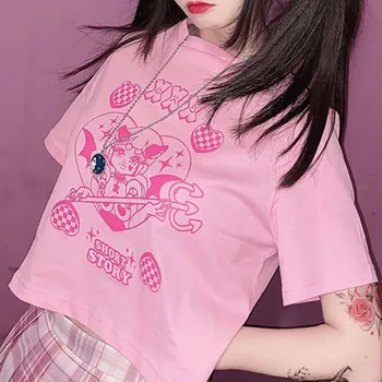 Harajuku T-shirt Ženy 2021 Kreslený Tisk Oříznuté Top Ženy Módní Růžové Alt Oblečení Estetické MINGLIUSILI Letní Tričko