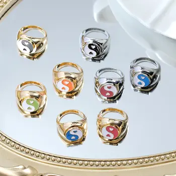 Flatfoosie Vysoce Kvalitní Bagua Yin Yang Tai Chi Prsteny pro Ženy Gold Silver Barva Srdce Geometrické Kovové Kroužky 2021 Módní Šperky