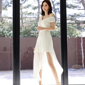 2021 Korean Letní Nový Sexy Šikmé Rameno Šifónové Patchwork Šaty Ženy Velké Swing Maxi Dlouhé Princezna Bílé Vestidos