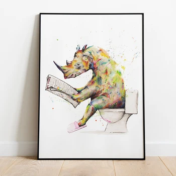 Kočka S Brýlemi Akvarel Umění Tisknout Rhino na Wc Malířské Plátno Jedinečný Plakát, Zvířat, Obrazy na Stěnu Ideální Dárek Domů Decor