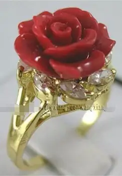 Dobré >>Okouzlující!Ručně Vyřezávané Červené Korálové Květinové Prsten velikost: 7 8 9