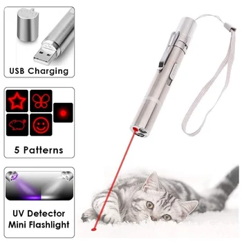 3 V 1 Portavle LED Laserové Pero 3 Režimy USB Nabíjecí Svítilna Funny Pet Hračka pro Kočky S Šňůrkou, Červené Světlo Režim Má 5 Červené Vzory