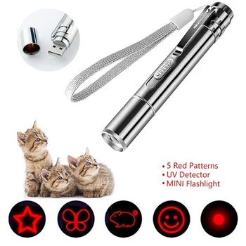 3 V 1 Portavle LED Laserové Pero 3 Režimy USB Nabíjecí Svítilna Funny Pet Hračka pro Kočky S Šňůrkou, Červené Světlo Režim Má 5 Červené Vzory