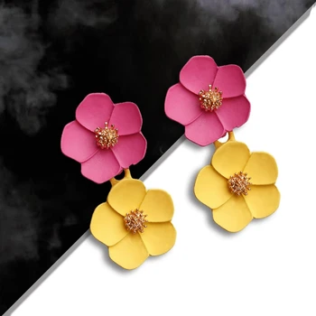 Korejský Design Květinové Náušnice Sladké Růžové Červené Žluté Barevné Dvakrát Malované Květiny Okvětní Lístek Šperky Brincos